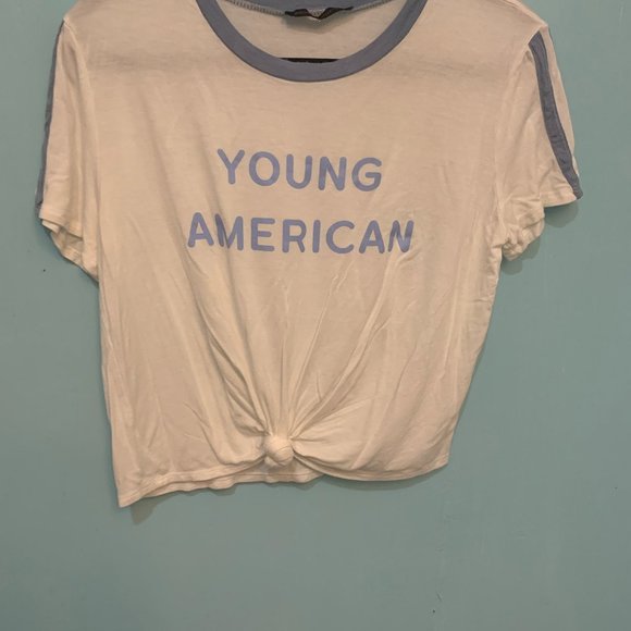 Social Butterflies Medium Blue And White Short Sleeves T-Shirt With Front Tie - Picture 1 of 5